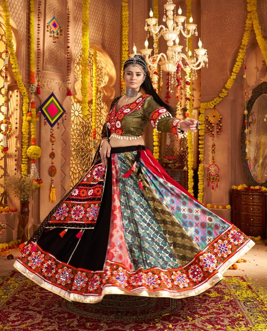 11002 - Regal Black Thread Embroidered Viscose Navratri Wear Lehenga Choli